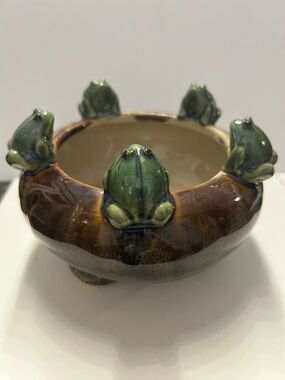 Vintage Majolica Style 5-Frog Drip Glazed Pottery Planter - Brown & Green
